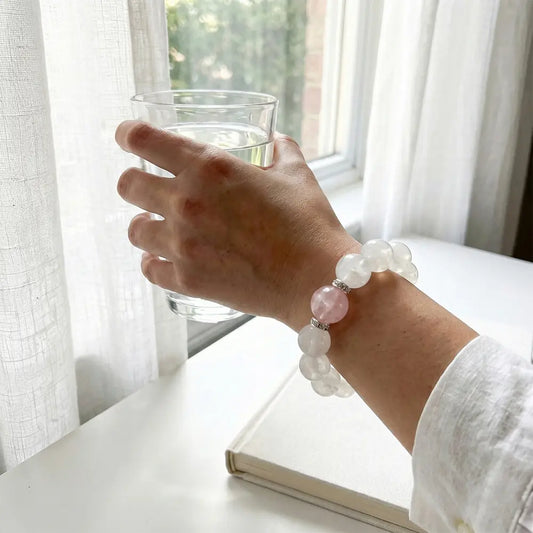 First Snow Romance: White Phantom & Rose Quartz Chunky Energy Bracelet